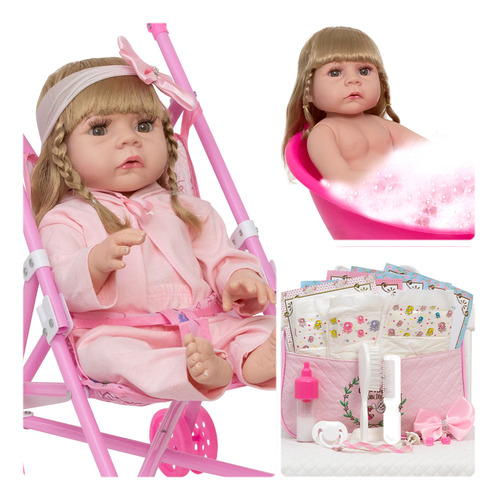 Boneca Reborn Loira Linda Com Pijama Rosa Carrinho 21 Itens