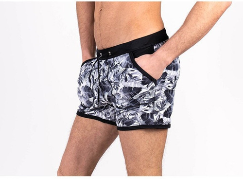 Traje Baño Gris Negro Hojas Hombre Tipo Boxer 