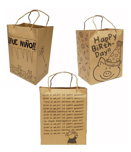 18 Bolsas Papel Kraft Niño Happy Quiero 27x18x13 Cm Mod 1752