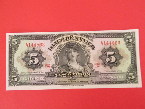 Antiguo Billete Banco De Mexico 5 Pesos Año 1961 Unc Escaso