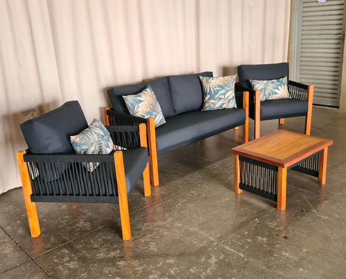 Conjunto Sofá + Poltrona + Mesa De Centro Área Externa Cor Azul e Branco