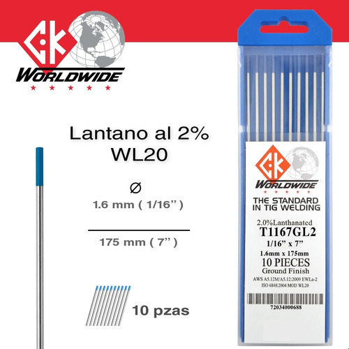 Ck Wl20 - Electrodo Tunsgteno Tig Lantano 2% | 1.6mm 1/16 