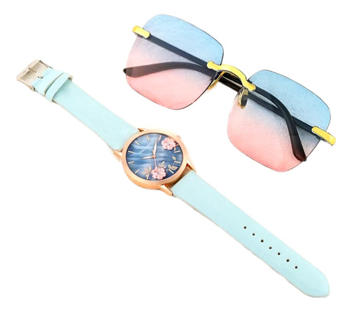 Conjunto Económico Reloj Y Lentes Para Mujer Azul Con Flores