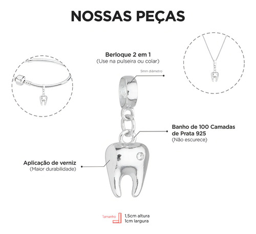 Work Semijoias Dentista Odonto Pingente Berloque Dente Prata Strass
