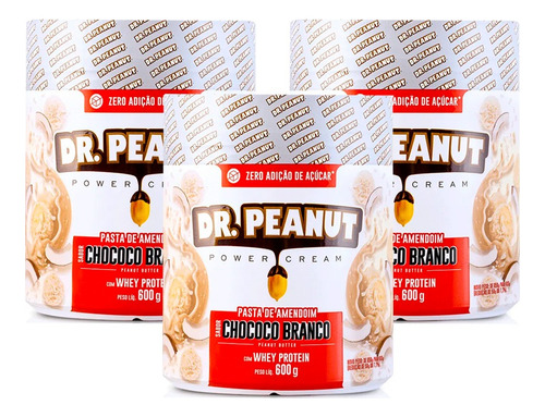 3x Pasta De Amendoim Com Whey Protein - 600g - Dr. Peanut Sabor Chococo Branco