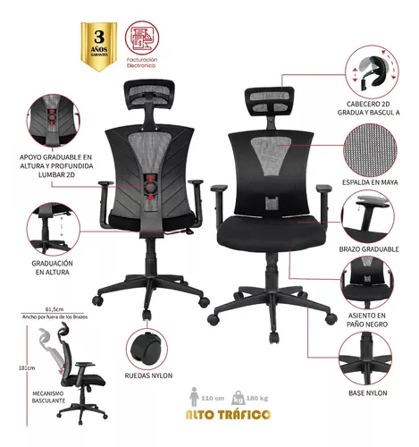 Silla de Oficina Ergonomica, LAMBO, con cabecero y soporte lumbar, en negro  