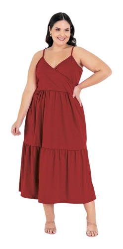 Vestido Feminino Plus Size Midi Com Alças Babado Na Barra