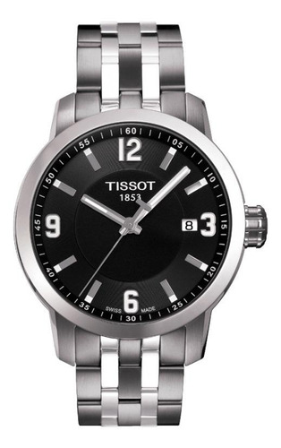 Relógio de pulso Tissot T-Sport PRC 200 com corpo prateado,  analógico, para masculino, fundo  preto, com correia de aço inoxidável cor prateado, agulhas cor cinza e branco, subdials de cor cinza e branco, ponteiro de minutos/segundos branco, bisel cor prateado e dobrável