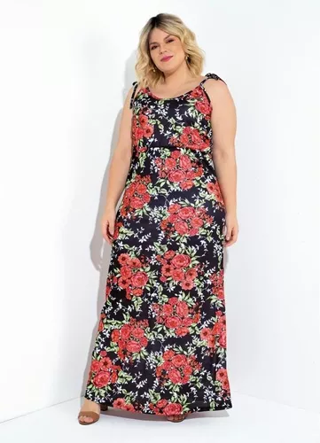 Vestido Plus Size Feminino Longo Soltinho Estampa Floral