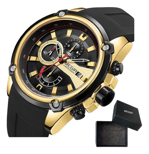 Relógio de silicone com cronógrafo de bisel dourado/preto Megir 2086 com calendário