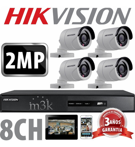 Kit Seguridad Hikvision Full Hd Dvr 8 + 4 Camaras 2mp 1080p Exterior Infrarrojas + Ip Visualiza X Celular P2p Cctv