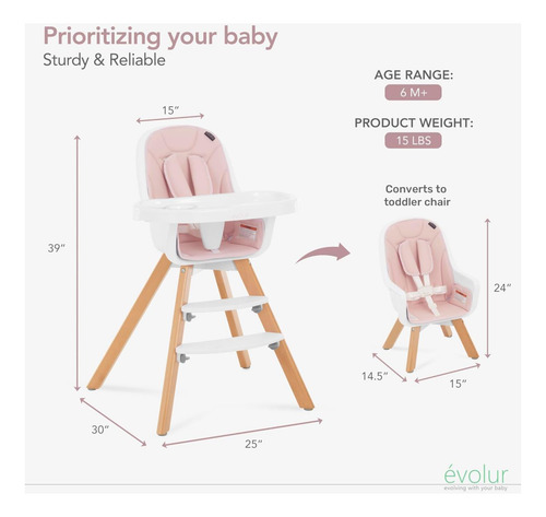 Evolur Zoodle 3 En 1 Silla Alta De Bebé Convertible En Rosa