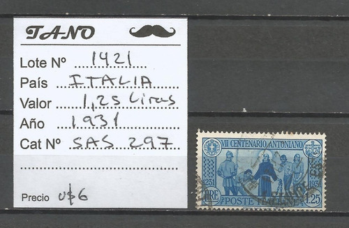 Lote1421 Italia 1,25 Liras Año 1931 Sassone# 297