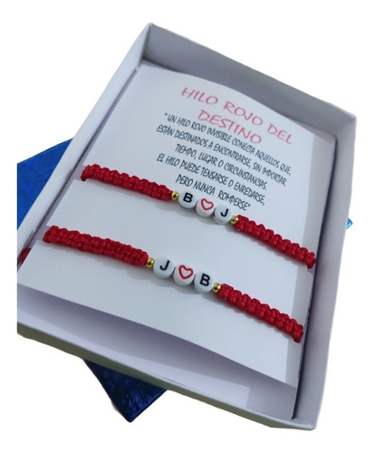 Pulsera Iniciales Roja Personalizada Tejida Caja Pareja Amor