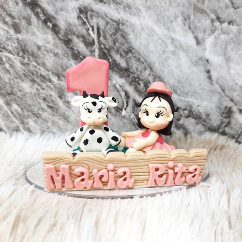Imagem 5 de 5 de Vela Topo De Bolo Personalizado Em Biscuit Fazendinha Rosa