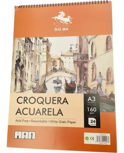 Croquera Para Acuarela 24 Hojas A3 Acuarelable 160grs Dibujo