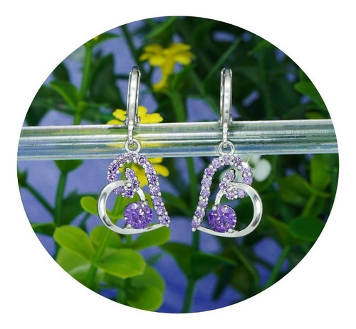 Aretes Colgantes Oro Blanco 18k Corazón Gema Amatista Morado