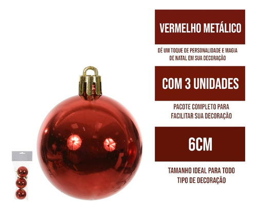 Pacote De Bolas De Natal Florarte Vermelhas Com 3un De 6cm
