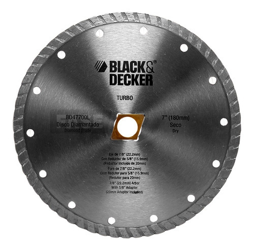 Disco Corte Black Decker Diamantado 180mm 7 Bd47700l Turbo Color Gris