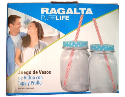 Juego De Vasos De Vidrio Con Tapa Y  Pitillo Ragalta 