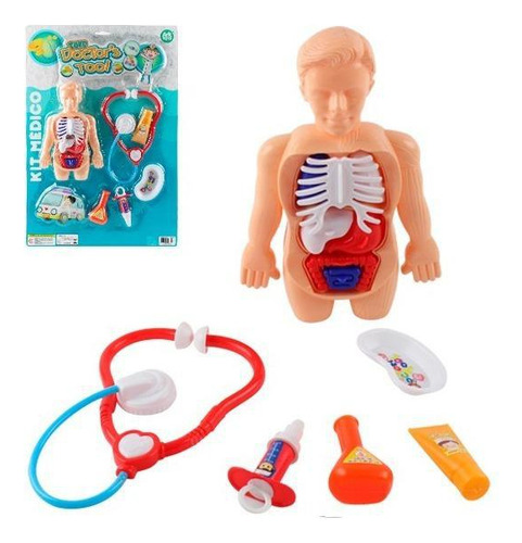 Kit Medico Infantil Anatomia Azul Com Estetoscopio E Acessor