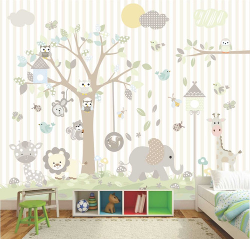 Papel De Parede Listrado Quarto Bebê Infantil Animais Gg631