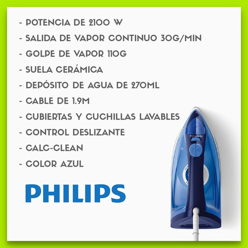 Plancha a vapor Philips GC2145 EasySpeed Plus
color azul con suela antiadherente 220V