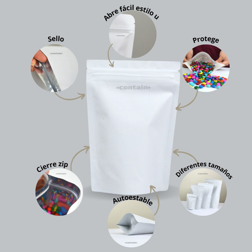 Imagen 2 de 7 de 100 Bolsa Stand Up Pouch Laminada Cierre Blanco Mate 150 Grs