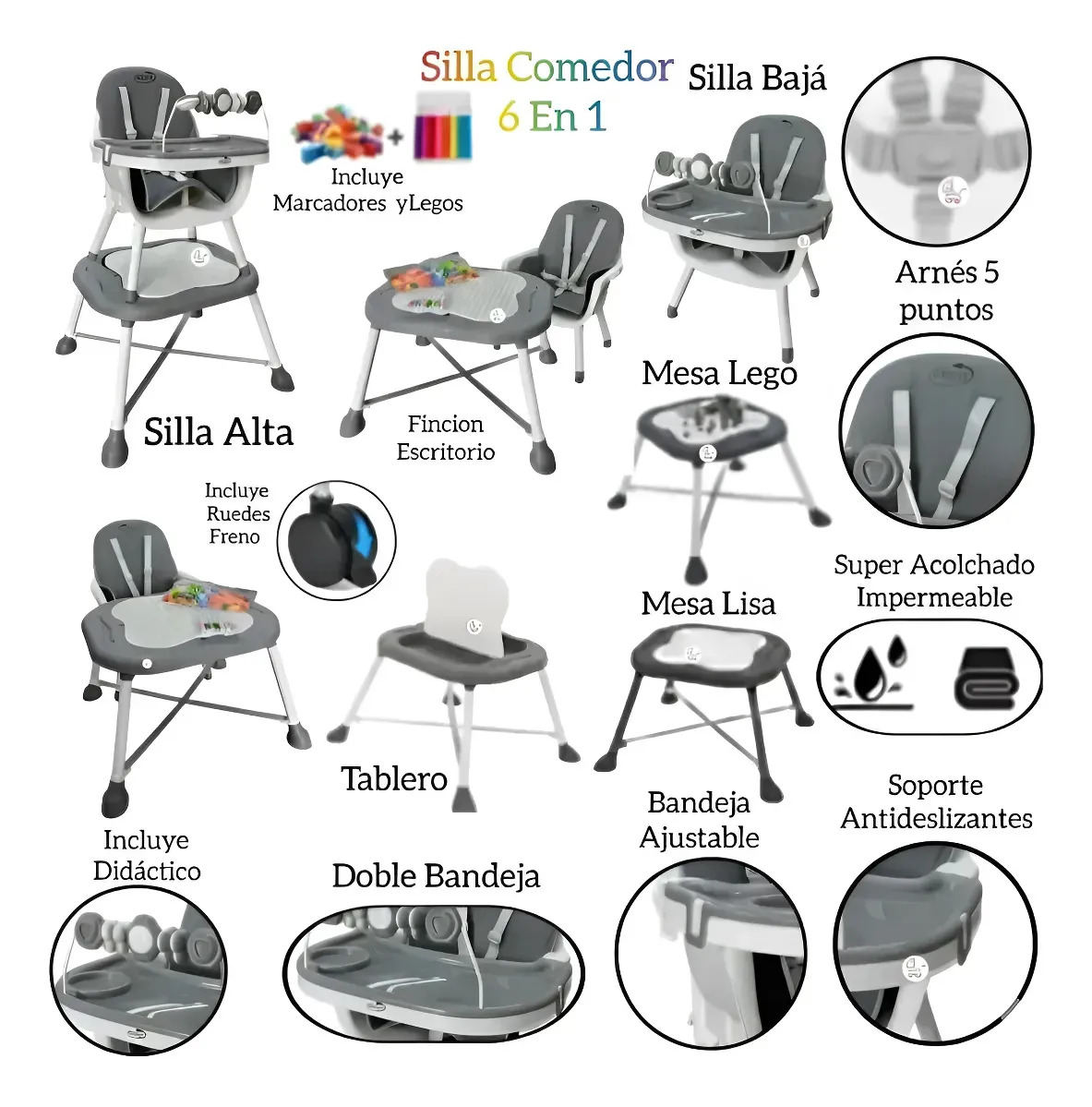 Silla Comedor Baby 100% 6 En 1 + Marcadores Y Legos Gris