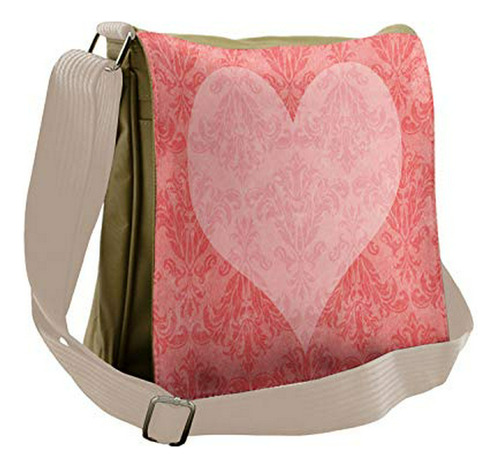 Bolso De Mensajero - Ambesonne Coral Bag, Pink Heart Damask,