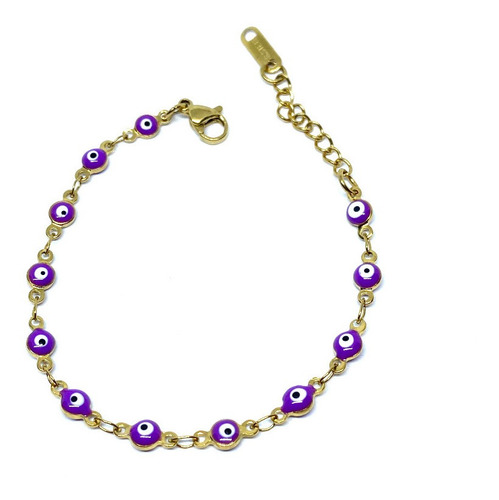 Pulsera Ojito Turco 4mm Morado Acero Inoxidable Dorado