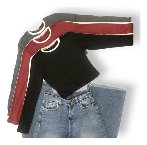 Top Remera Manga Larga Bordo Mujer Adolescente Crop