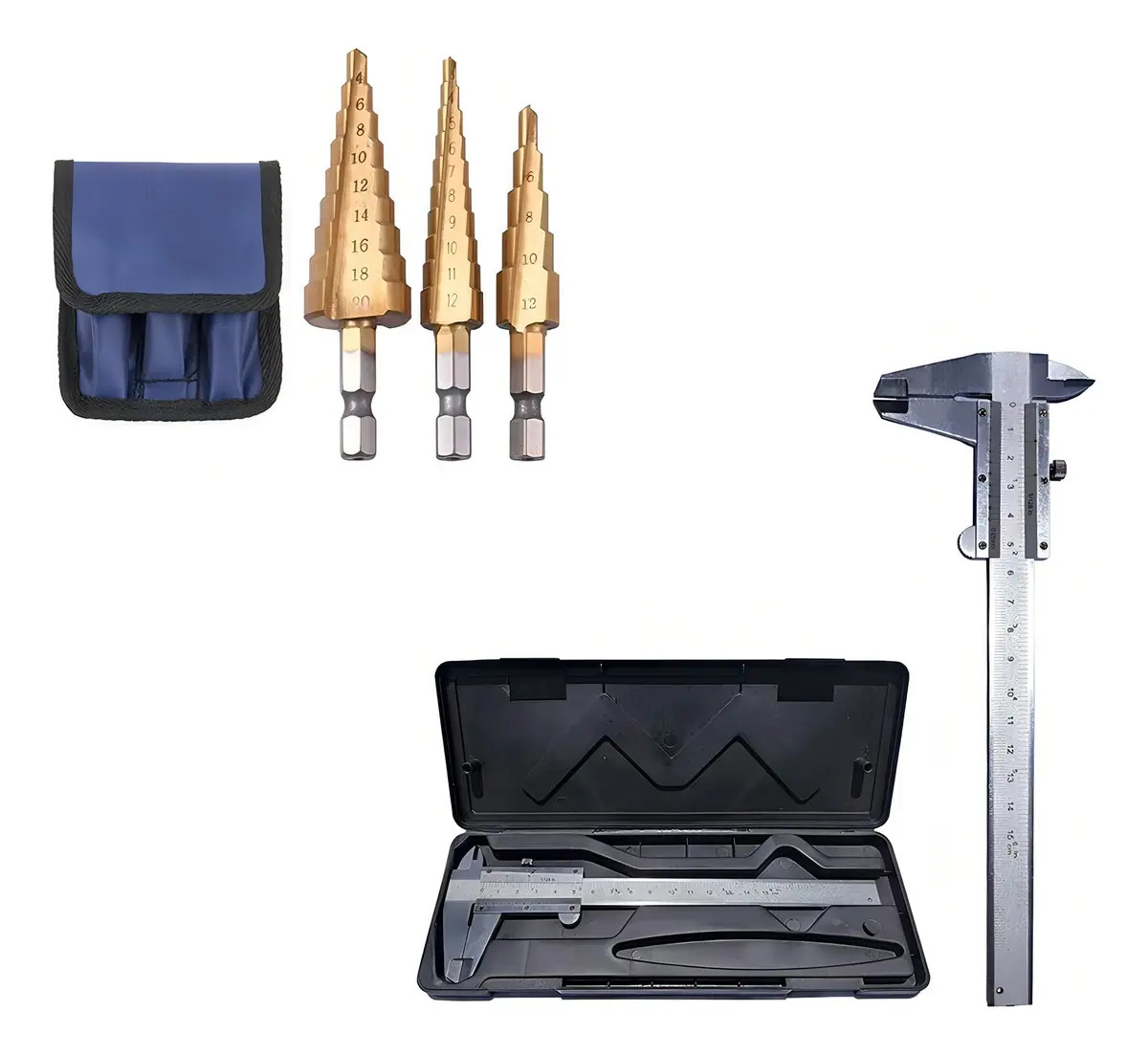 Kit Brocas Escalonadas Charbs e Paquímetro de Aço Profissional 6" com Estojo