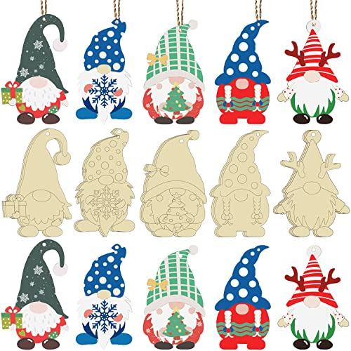 25 Pieces Christmas Wooden Gnome Cutouts Slices Unfinis...
