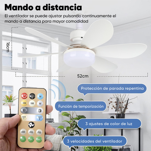 Foco Ventilador Led E26/e27 40w, Lámpara De Techo Foco Abanico Con Control Remoto, Incluye Expansor Y Base De Abanico