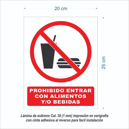 Señalamiento Prohibido Entrar Con Alimentos 5 Pzas 20x25cm