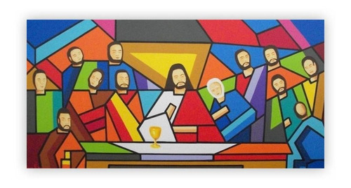 Quadro Religião Santa Ceia Colorida Moderna 80x40 Em Canvas