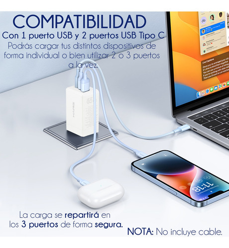 Cargador Cubo Carga Rápida Slim Company Triple Turbo 2 Puertos Tipo C Y Uno Tipo Usb 65w Plegable Color Blanco