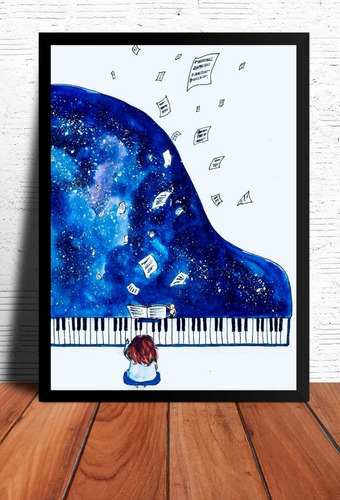 Poster Piano Mujer Niña Cosmos Piano Marco Negro 33x48cm