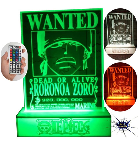 Lampara Led 20 Colores One Piece Zoro Base Personalizada