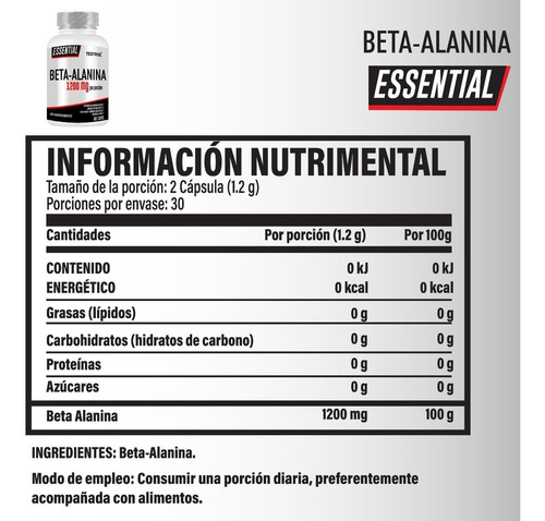 Beta-alanina 1200 Mg | Testrol | Essential | 60 Caps Sabor Sin sabor
