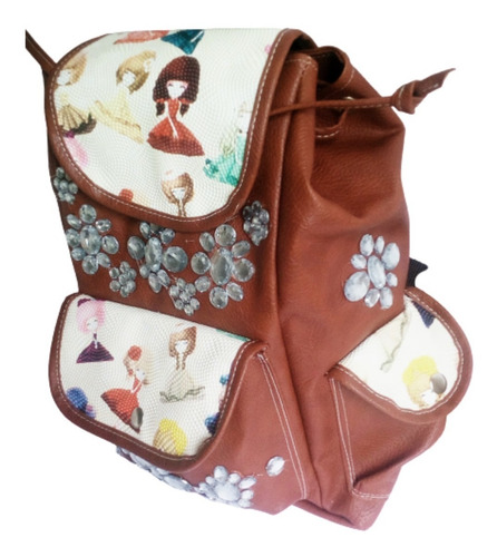 Imagen 7 de 10 de Mochila Marron Estampada Cuero Pu 3 Bolsillos Gran Capacidad