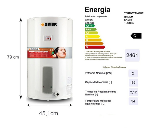 Termotanque Eléctrico De Colgar Saiar By Rheem 85lts Tecc85