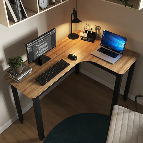 Mesa Em L Orgânica Curva 120cm Para Pc Escrivaninha De Canto Home Office Design Industrial Moderno Gamer, Estação De Trabalho Angular Para Escritório  Modelo Legos Lâmina Com Preto