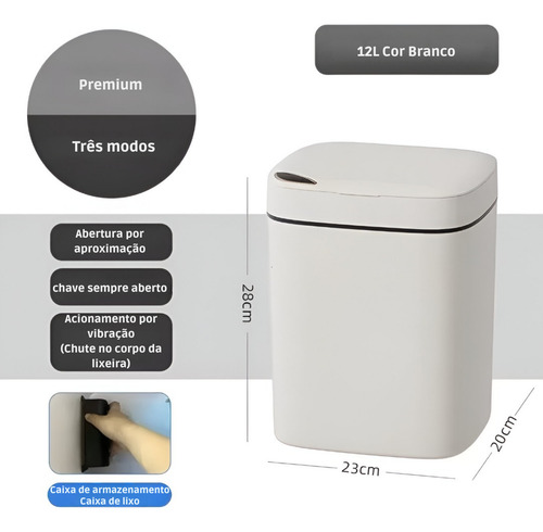 Lixeira Automática com Sensor inteligente 12L cor Branco bateria recarregável