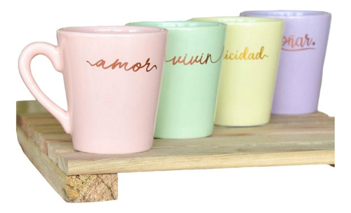 Taza Cónica Cerámica Con Manija Colores Pasteles Frase