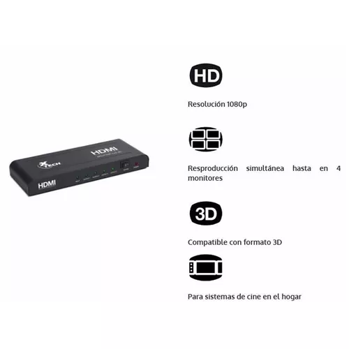 Multiplicador HDMI de 4 salidas con alimentación propia (Splitter), XTECH