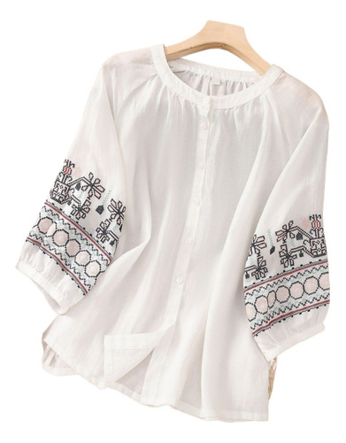 Blusa Bordada De Lino Y Algodón Con Mangas Tipo Farol De M