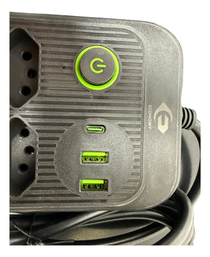 Regua Extensão De 6 Tomadas 2usb + 1tipo-c 3metros 127v/220v Preto