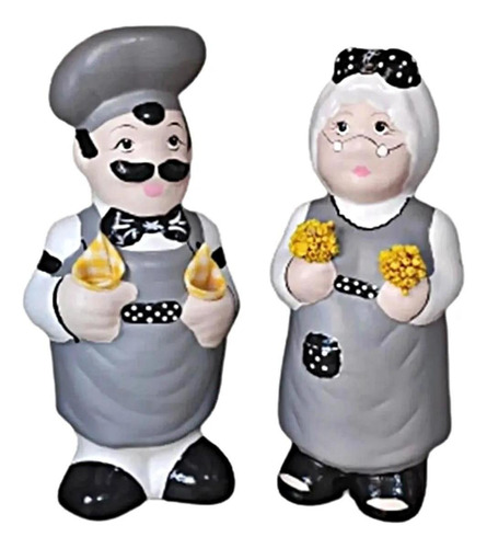 Casal Vovo Cozinheiro De Ceramica Porta Colher De Pau Cinza Cor Outro